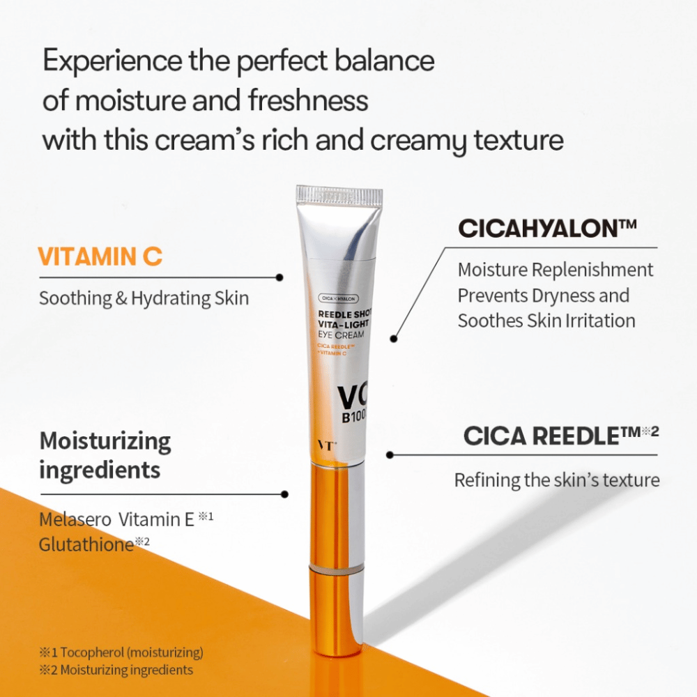 VT Reedle Shot Vita-Light Eye Cream con vitamina C, E e complesso CICA – crema contorno occhi in tubo metallico che idrata, calma e migliora la struttura della pelle.