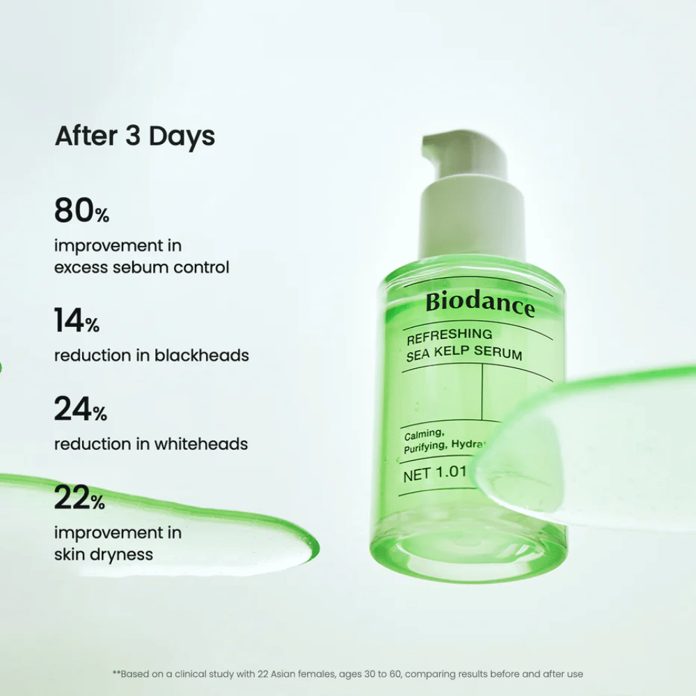 Risultati dopo 3 giorni con Biodance Sea Kelp Serum – riduzione della produzione di sebo e dei punti neri.