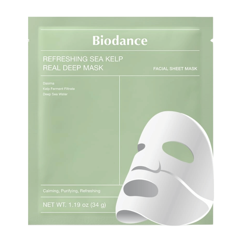 Biodance Refreshing Sea Kelp Real Deep Mask – un maschera viso calmante e idratante con alga fermentata e acqua di mare profonda. Pulisce, bilancia e dona alla pelle una luminosità fresca.