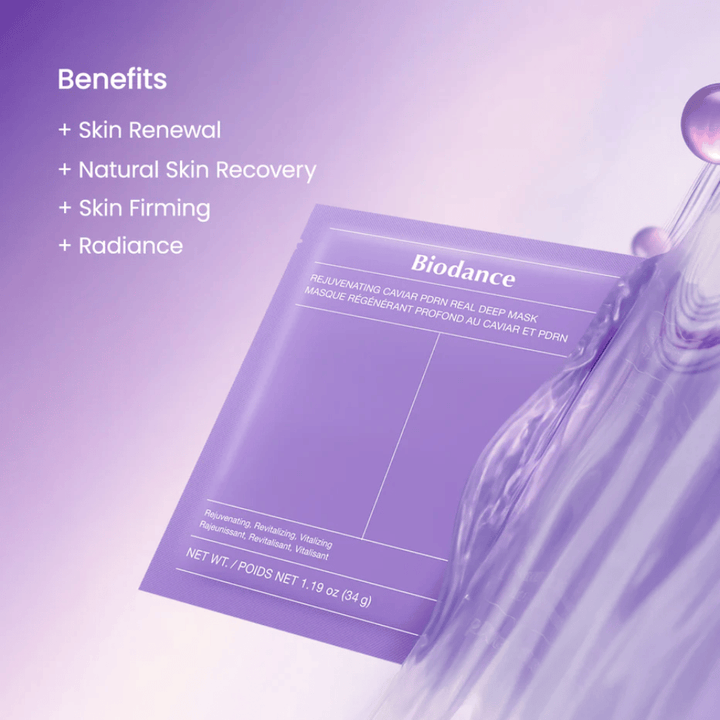 Biodance Rejuvenating Caviar PDRN Real Deep Mask su modella con lucentezza naturale e glow visibile dopo l'uso