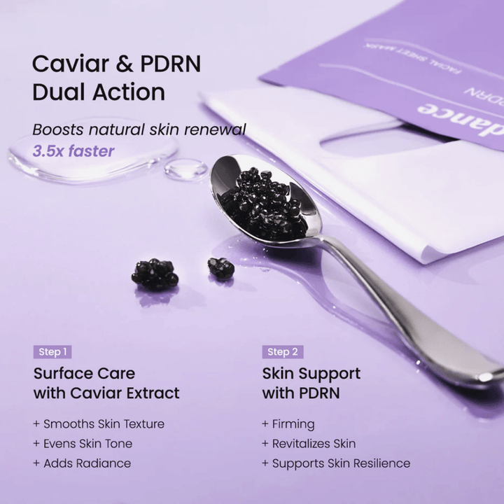 Caviale e ingredienti PDRN in Biodance Rejuvenating Caviar PDRN Real Deep Mask che rafforzano il rinnovamento della pelle e donano una pelle più tonica