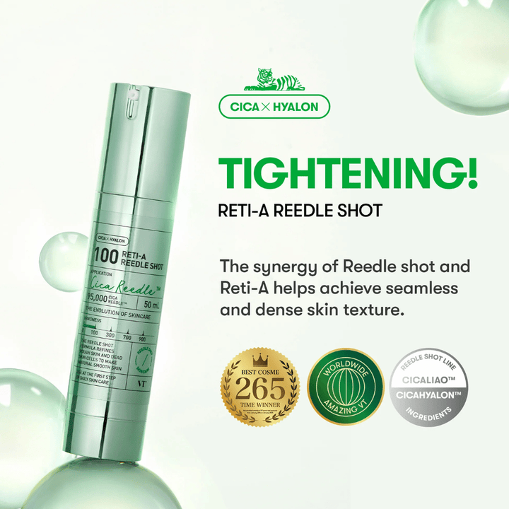 Immagine del prodotto su VT Reti-A Reedle Shot 100 con attenzione sull'effetto rassodante, Cica e Hyalon che offrono una pelle più uniforme, compatta ed elastica.