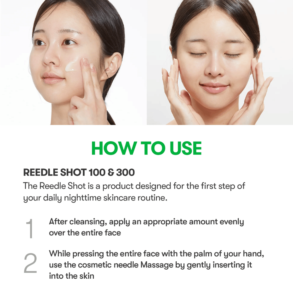 Immagine istruttiva che mostra come applicare VT Reti-A Reedle Shot sul viso, primo passo nella routine serale per migliorare la struttura della pelle e l'assorbimento efficace.