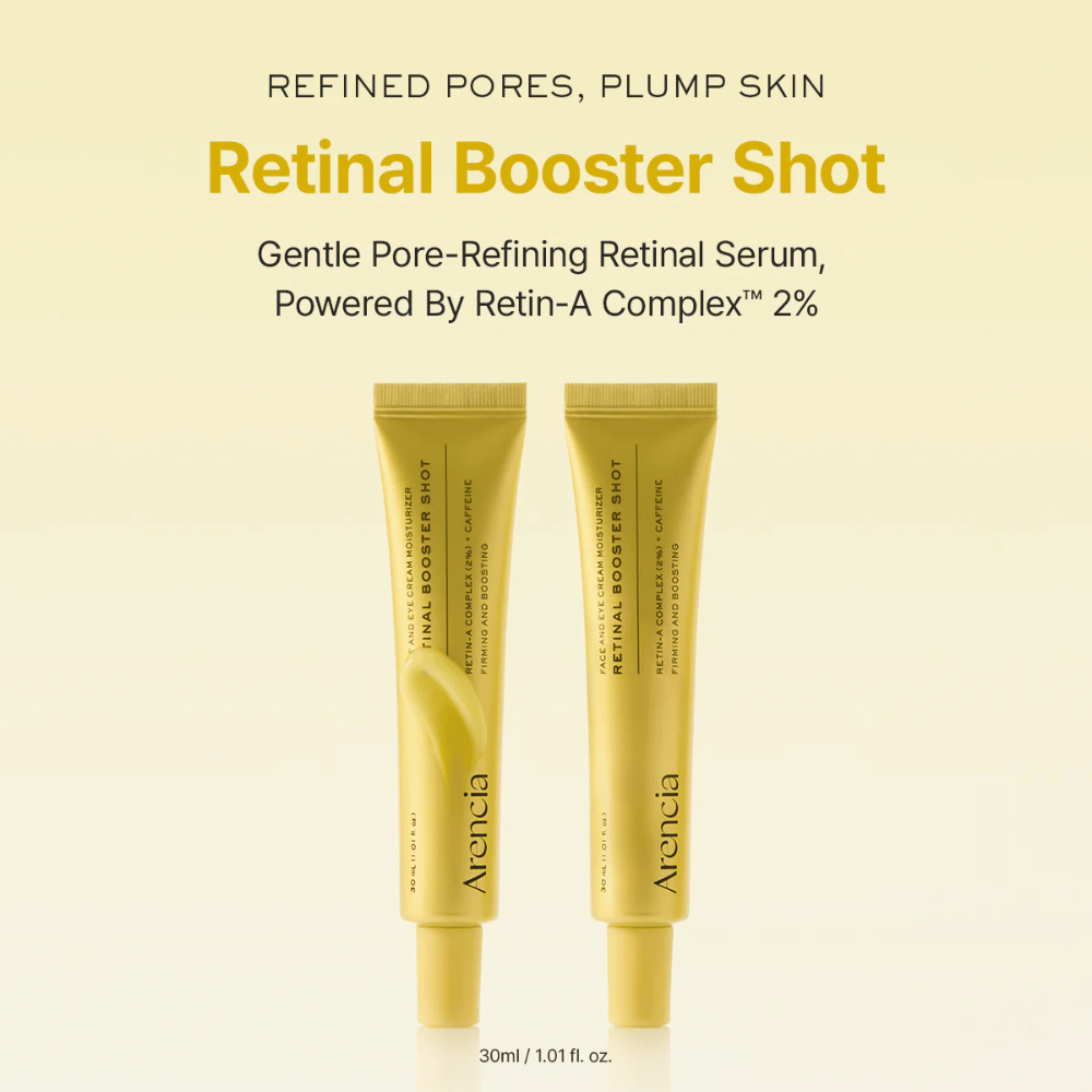 Presentazione del prodotto di Arencia Retinal Booster Shot 2%, siero retinale delicato per pori affinati, pelle rimpolpata e texture della pelle più uniforme.