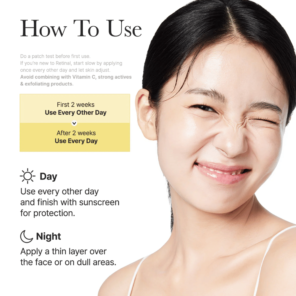 Immagine istruttiva per Arencia Retinal Booster Shot con uso raccomandato a giorni alterni nelle prime due settimane e poi quotidianamente, routine giorno e notte per il retinale.