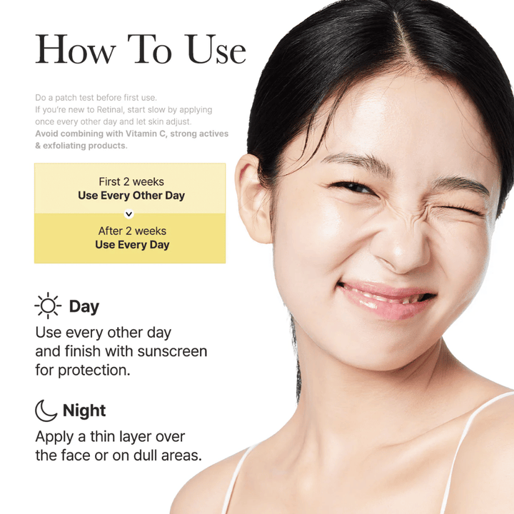 Immagine istruttiva per Arencia Retinal Booster Shot con uso raccomandato a giorni alterni nelle prime due settimane e poi quotidianamente, routine giorno e notte per il retinale.