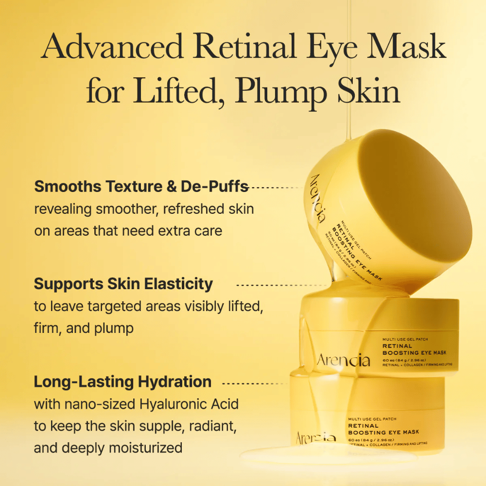 Immagine promozionale per la retinal eye mask che descrive benefici come pelle più soda, riduzione del gonfiore, elasticità migliorata e idratazione profonda per le aree che necessitano di cure extra.