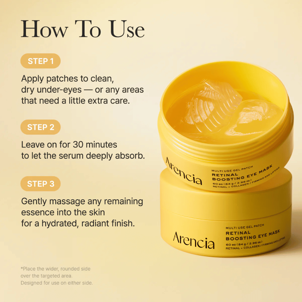 Immagine istruttiva per Arencia Retinal Boosting Eye Mask con guida passo dopo passo. I patch si applicano sulla pelle pulita e asciutta, si lasciano agire per circa 30 minuti e il restante essenza viso viene poi massaggiato per un’idratazione e una luminosità extra.