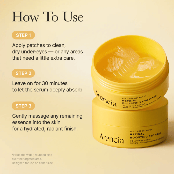 Immagine istruttiva per Arencia Retinal Boosting Eye Mask con guida passo dopo passo. I patch si applicano sulla pelle pulita e asciutta, si lasciano agire per circa 30 minuti e il restante essenza viso viene poi massaggiato per un’idratazione e una luminosità extra.