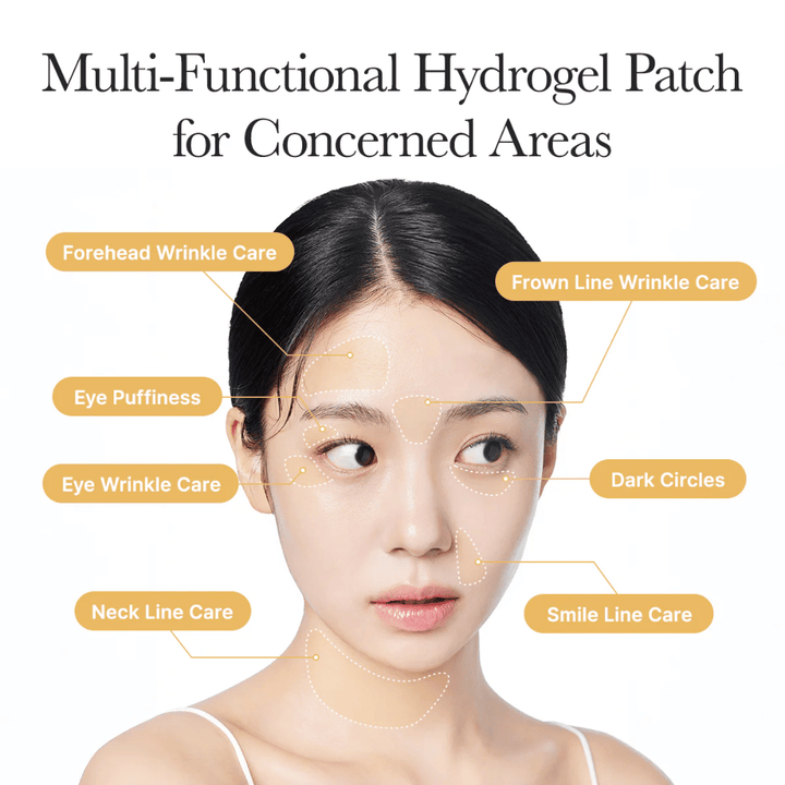 Immagine informativa che mostra come i patch in idrogel possano essere utilizzati su diverse aree del viso, ad esempio sotto gli occhi, sulla fronte, tra le sopracciglia, intorno alla bocca e sul collo per aiutare a contrastare linee sottili, occhiaie e gonfiore.