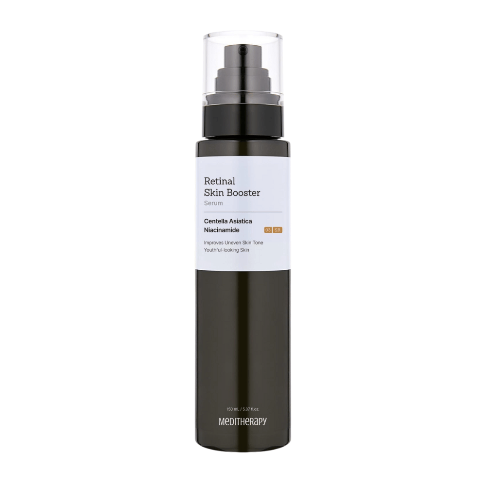Meditherapy Retinal Skin Booster Serum in flacone dosatore scuro. La formula con Centella Asiatica e niacinamide migliora il tono della pelle e dona un bagliore giovanile.