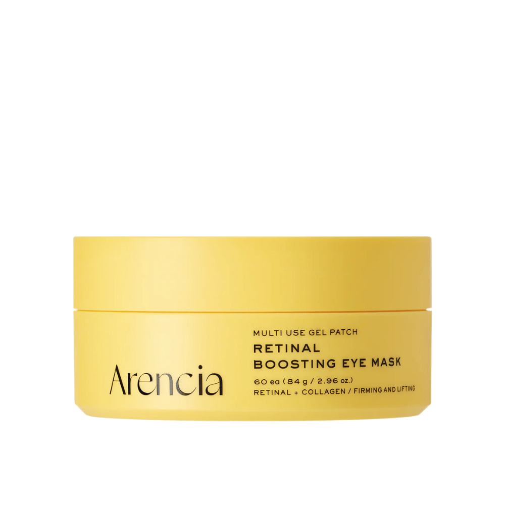 Immagine pulita del prodotto Arencia Retinal Boosting Eye Mask in confezione gialla con design minimalista e focus sulla cura del contorno occhi rassodante e idratante.