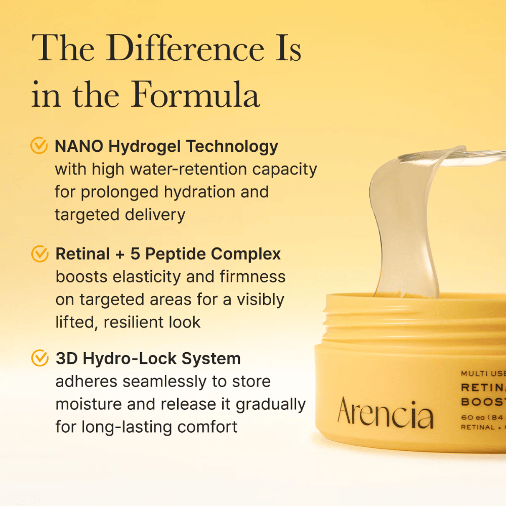 Immagine del prodotto Arencia Retinal Boosting Eye Mask con vasetto aperto e patch in idrogel. L’attenzione è rivolta alla pelle rimpolpata, al miglioramento della texture cutanea e agli ingredienti trattanti come retinal e collagene.