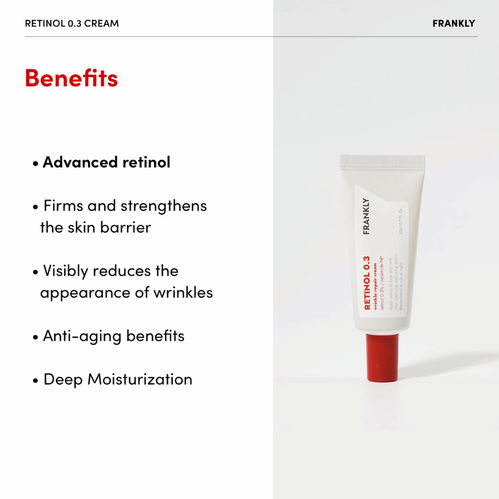 Immagine del prodotto FRANKLY Retinol 0.3 Cream con vantaggi elencati: retinolo avanzato, rafforza la barriera cutanea e idrata in profondità.
