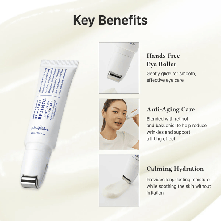 Dr. Althea Retinol Flat Iron Eye Roller con rullo metallico per effetto rinfrescante, proprietà anti-età e idratazione duratura senza irritazioni.