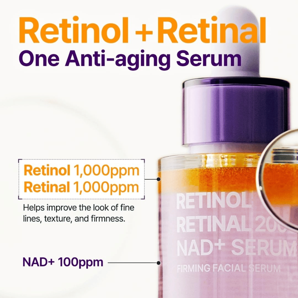 PURITO SEOUL Retinol Retinal 2000 NAD+ Serum con 1000 ppm di retinolo, 1000 ppm di retinal e 100 ppm di NAD+ per linee sottili, grana della pelle e tonicità.