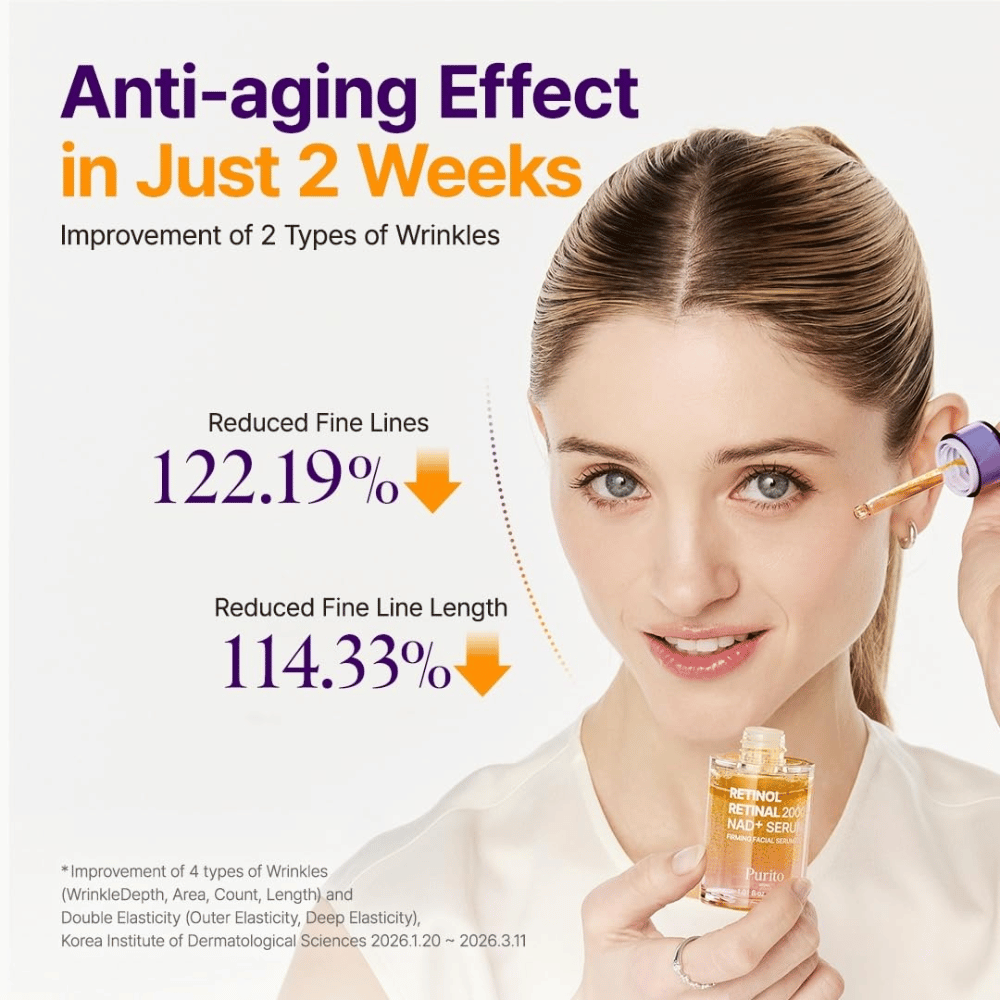 PURITO SEOUL Retinol Retinal 2000 NAD+ Serum – siero anti-età coreano sviluppato per ridurre la visibilità di linee sottili e rughe.