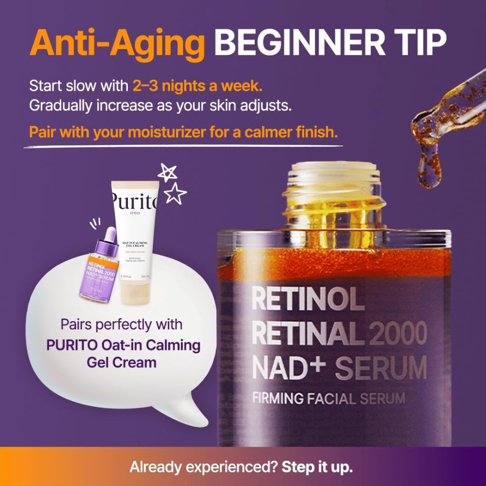 PURITO SEOUL Retinol Retinal 2000 NAD+ Serum – inizia a usare il siero 2–3 sere a settimana e abbinalo preferibilmente a una crema idratante.