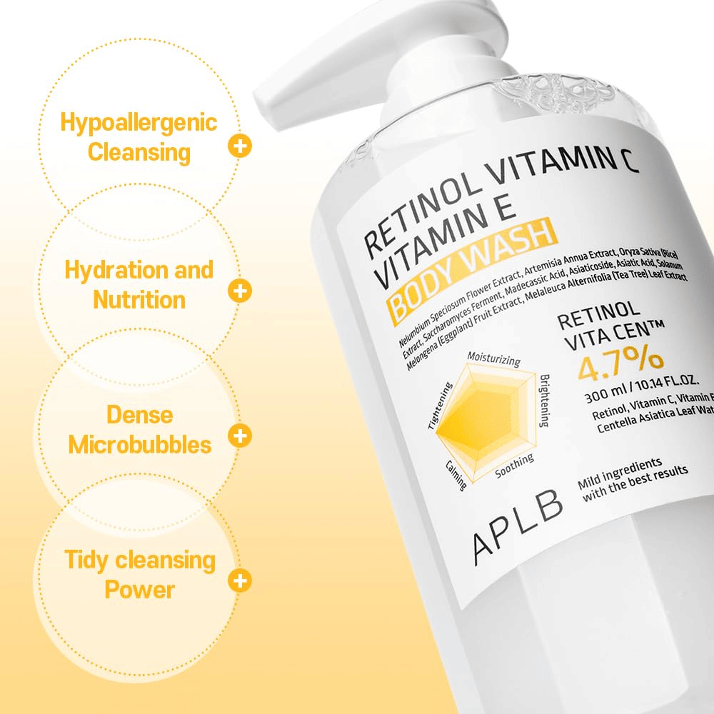 3. APLB Retinol Vitamin C Vitamin E Body Wash – detergente corpo idratante con retinolo, vitamina C, vitamina E e centella