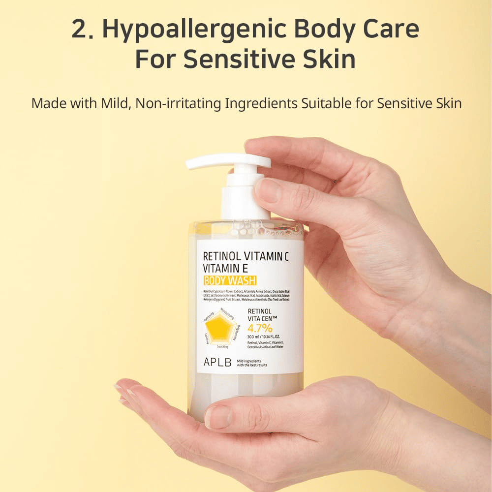 1. APLB Retinol Vitamin C Vitamin E Body Wash – detergente corpo delicato e idratante per pelli sensibili