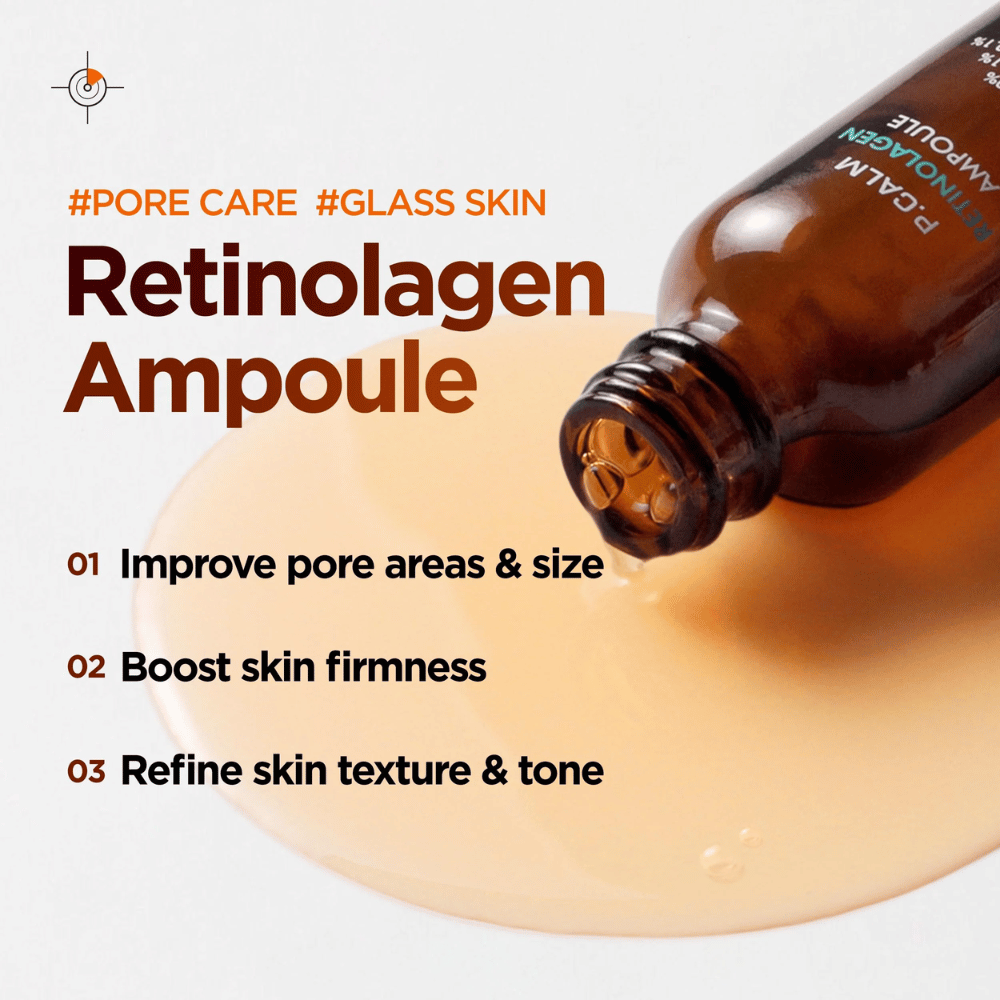 Immagine promozionale per P.CALM Retinolagen Ampoule con il siero che cola dal flacone su una texture dorata di siero. L'immagine evidenzia benefici come il miglioramento della dimensione dei pori, una maggiore compattezza della pelle e un tono della pelle più uniforme.