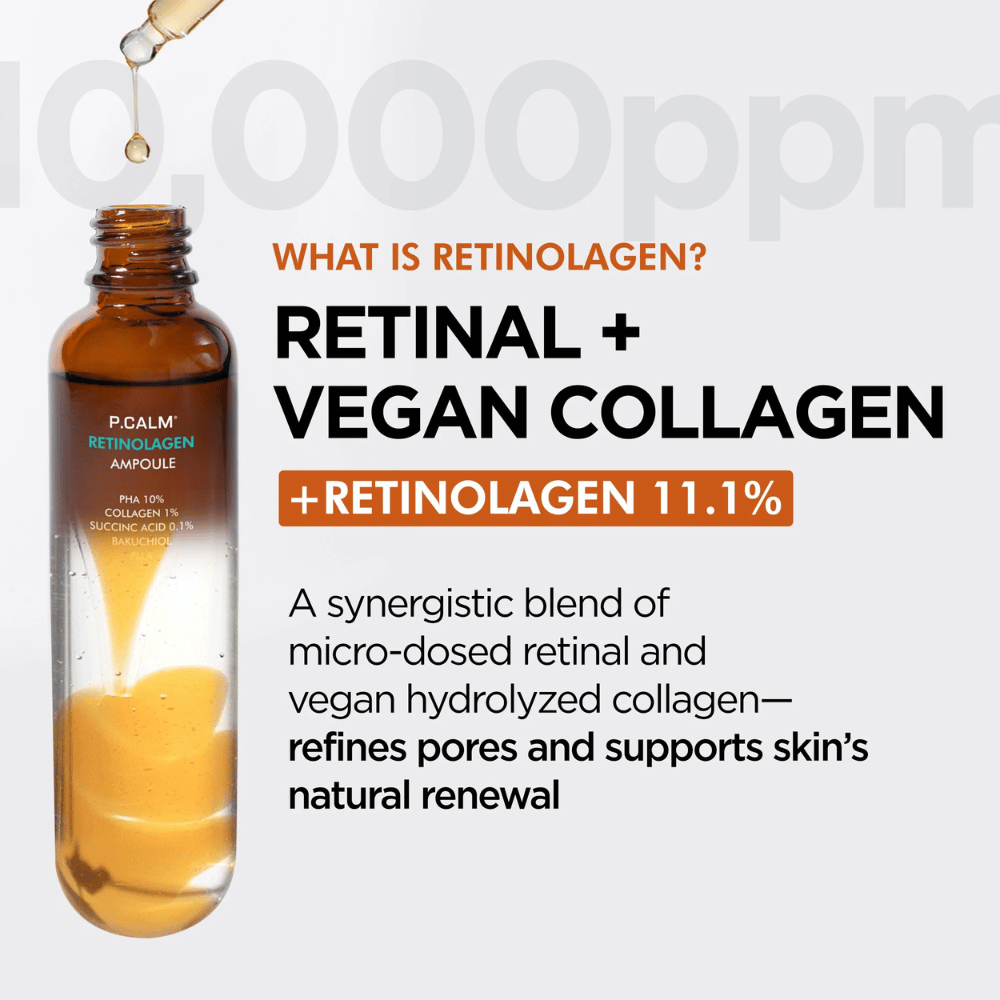 Immagine del prodotto P.CALM Retinolagen Ampoule insieme a informazioni su “Retinolagen”, una combinazione di retinal e collagene vegano. L'immagine sottolinea il rinnovamento della pelle, il miglioramento della struttura cutanea e il perfezionamento dei pori.