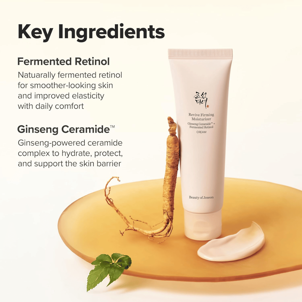 Immagine – ingredienti (SEO + EEAT)
Beauty of Joseon Revive Firming Moisturizer con ceramide al ginseng e retinolo fermentato che rafforzano la barriera cutanea e migliorano l’elasticità della pelle.
