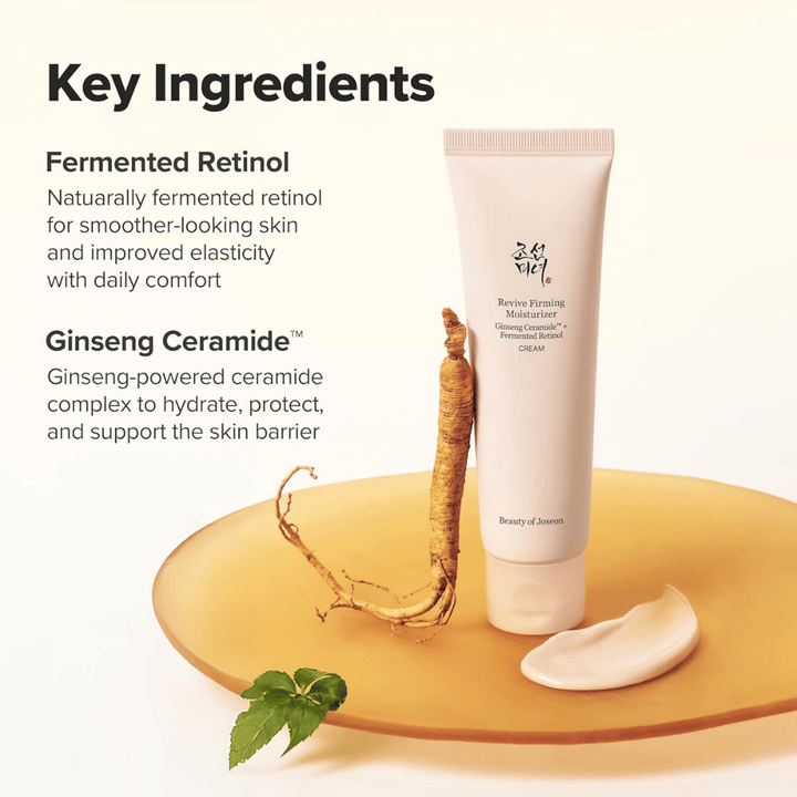 Immagine – ingredienti (SEO + EEAT)
Beauty of Joseon Revive Firming Moisturizer con ceramide al ginseng e retinolo fermentato che rafforzano la barriera cutanea e migliorano l’elasticità della pelle.
