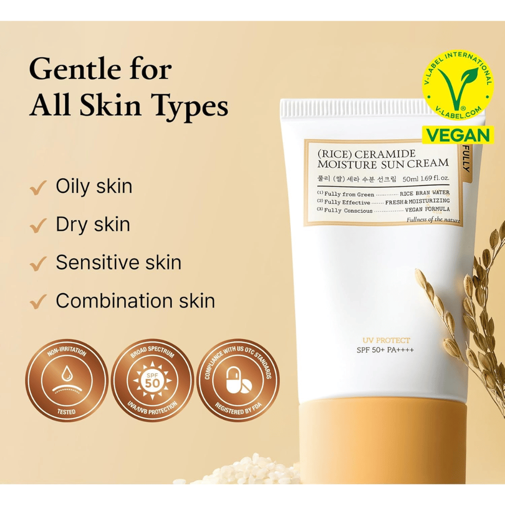Immagine informativa che mostra che la crema solare è adatta a tutti i tipi di pelle, inclusa quella grassa, secca, sensibile e mista. L’immagine evidenzia anche la formula vegana, la protezione UV ad ampio spettro e la formulazione delicata.
