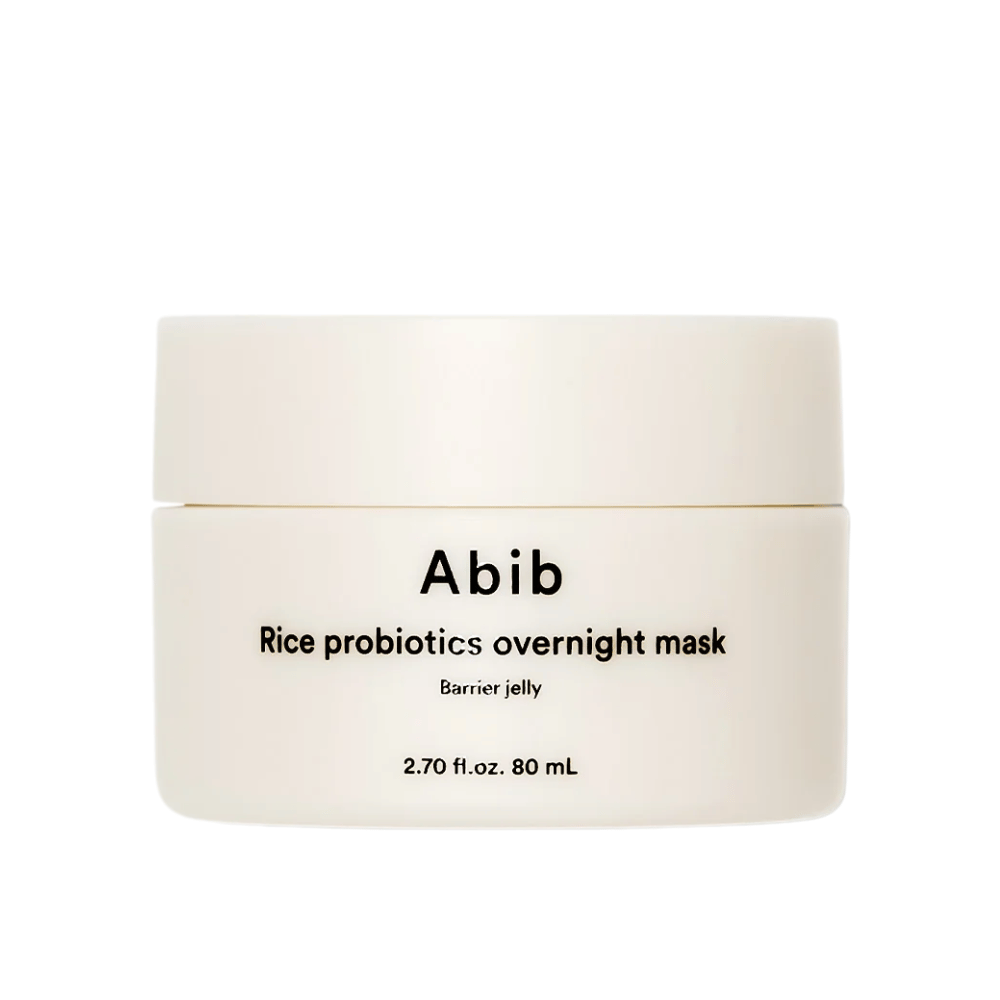 Immagine del prodotto su Abib Rice Probiotics Overnight Mask Barrier Jelly – un barattolo bianco con testo nero che contiene 80 ml di maschera notturna per rafforzare la barriera cutanea e idratare la pelle.