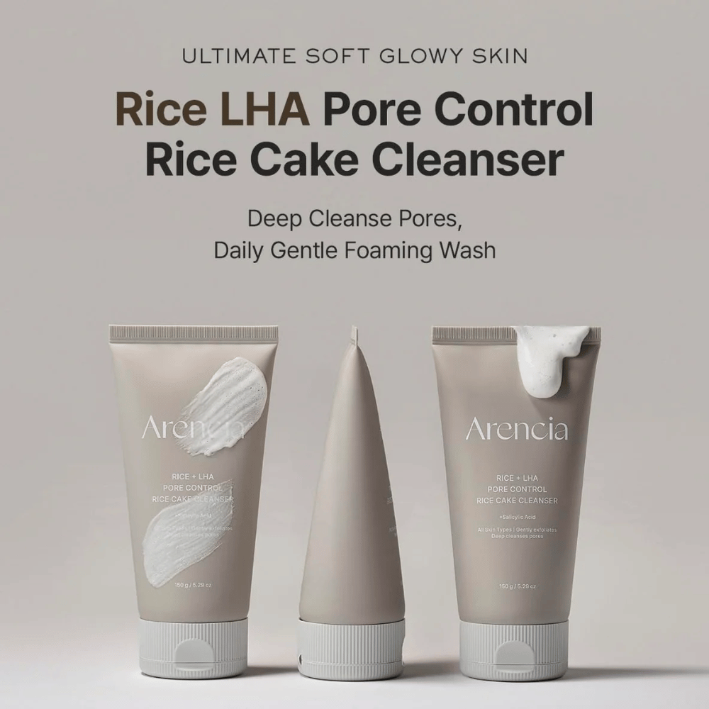 Presentazione del prodotto di Arencia Rice + LHA Pore Control Rice Cake Cleanser da diverse angolazioni, detergente viso schiumoso quotidiano per pori più chiari e struttura della pelle più uniforme.