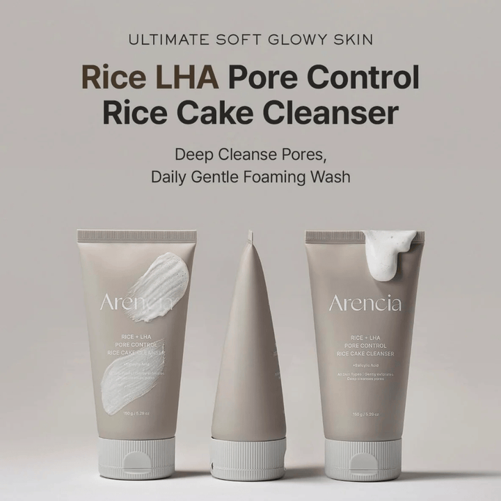 Presentazione del prodotto di Arencia Rice + LHA Pore Control Rice Cake Cleanser da diverse angolazioni, detergente viso schiumoso quotidiano per pori più chiari e struttura della pelle più uniforme.