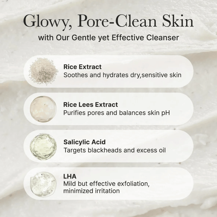 Panoramica degli ingredienti per Arencia Rice + LHA Pore Control Rice Cake Cleanser con estratto di riso, estratto di lees di riso, acido salicilico e LHA per effetto calmante, purificante dei pori e bilanciante.
