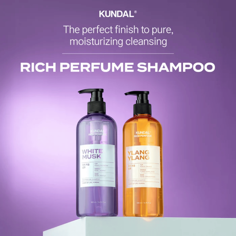 7. KUNDAL Rich Perfume Shampoo White Musk & Ylang Ylang 500 ml – shampoo detergente con proprietà idratanti in due varianti di profumo
