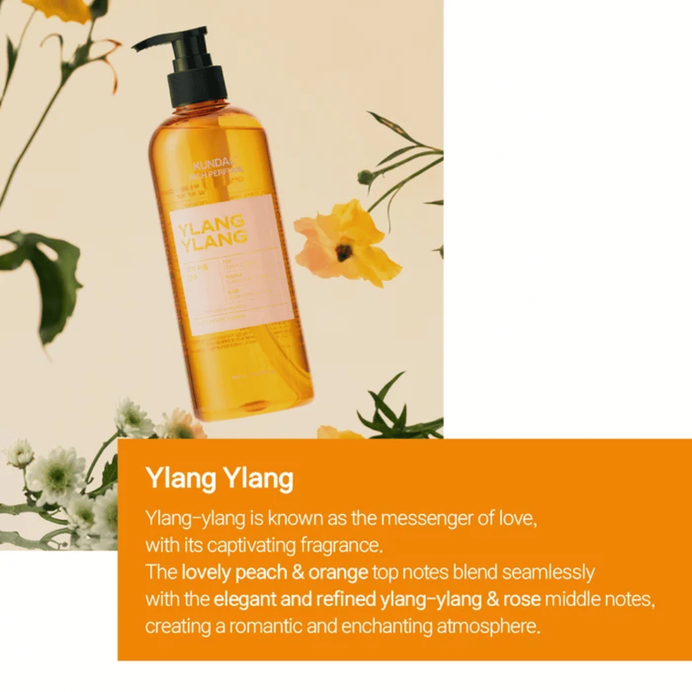 3. KUNDAL Rich Perfume Shampoo Ylang Ylang – flacone di shampoo arancione con profumo floreale e fruttato