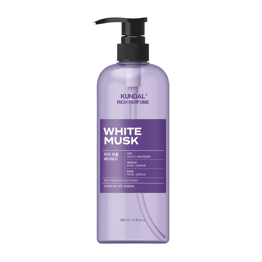 7. KUNDAL Rich Perfume Body Wash White Musk 500 ml – gel doccia viola con profumo di pesca, lampone, rosa, gelsomino, muschio e vaniglia