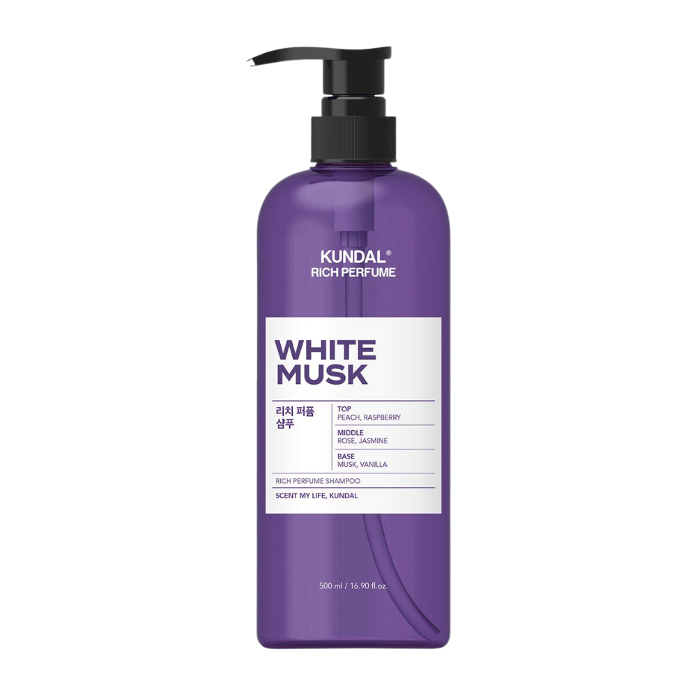 2. KUNDAL Rich Perfume Shampoo White Musk 500 ml – shampoo con profumo di pesca, lampone, rosa, gelsomino, muschio e vaniglia