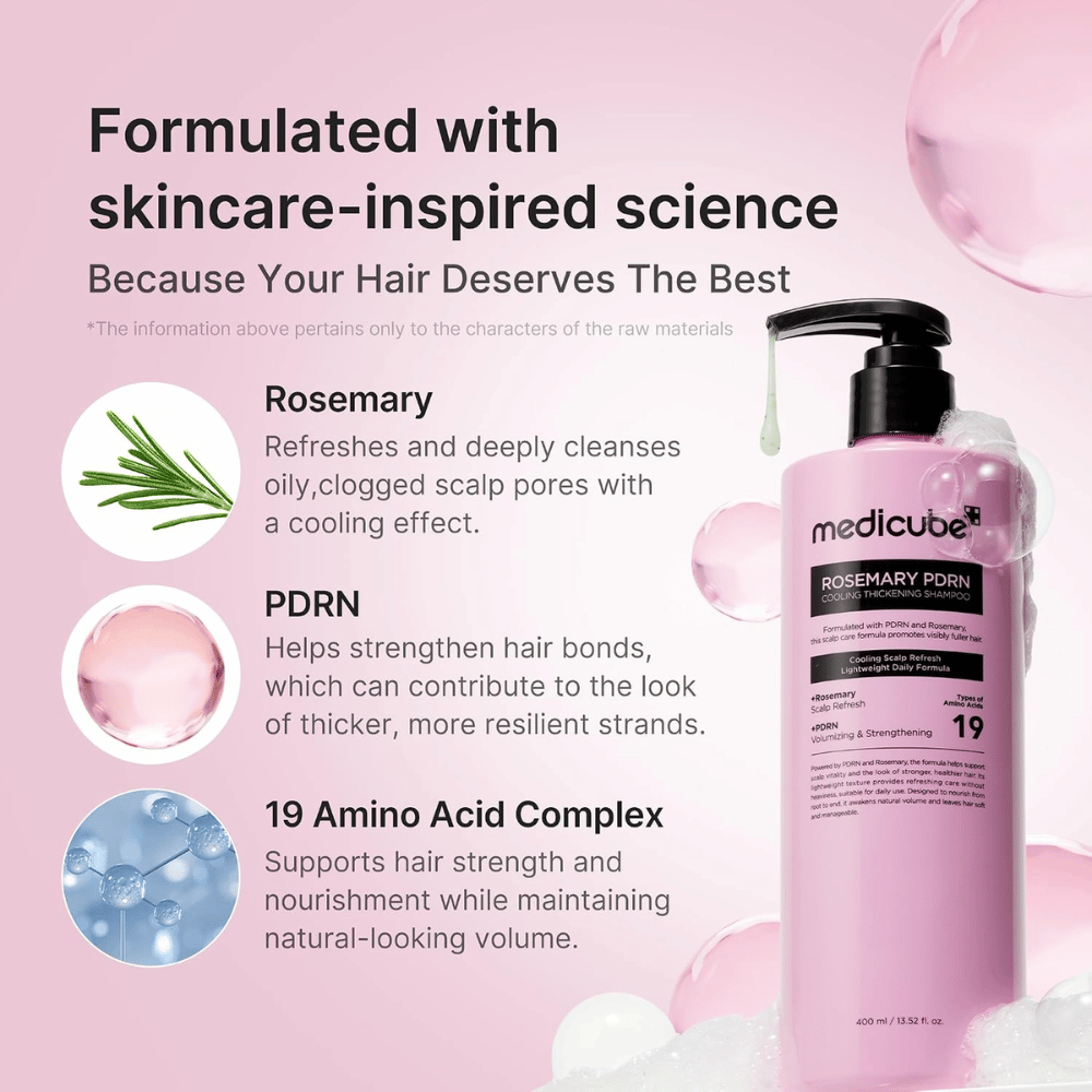 Medicube Rosemary PDRN Cooling Thickening Shampoo con rosmarino, PDRN e 19 amminoacidi per capelli più corposi