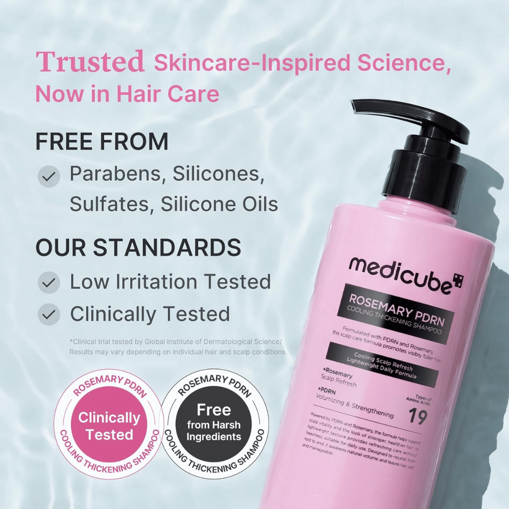 Medicube Rosemary PDRN Cooling Thickening Shampoo con formula clinicamente testata senza solfati, siliconi e parabeni
