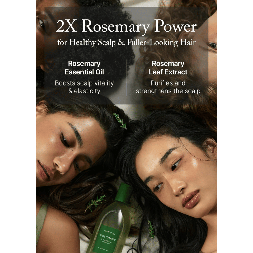 AROMATICA Rosemary Scalp Scaling Shampoo con olio di rosmarino ed estratto di rosmarino che rinforzano il cuoio capelluto, detergono in profondità e favoriscono capelli più folti.