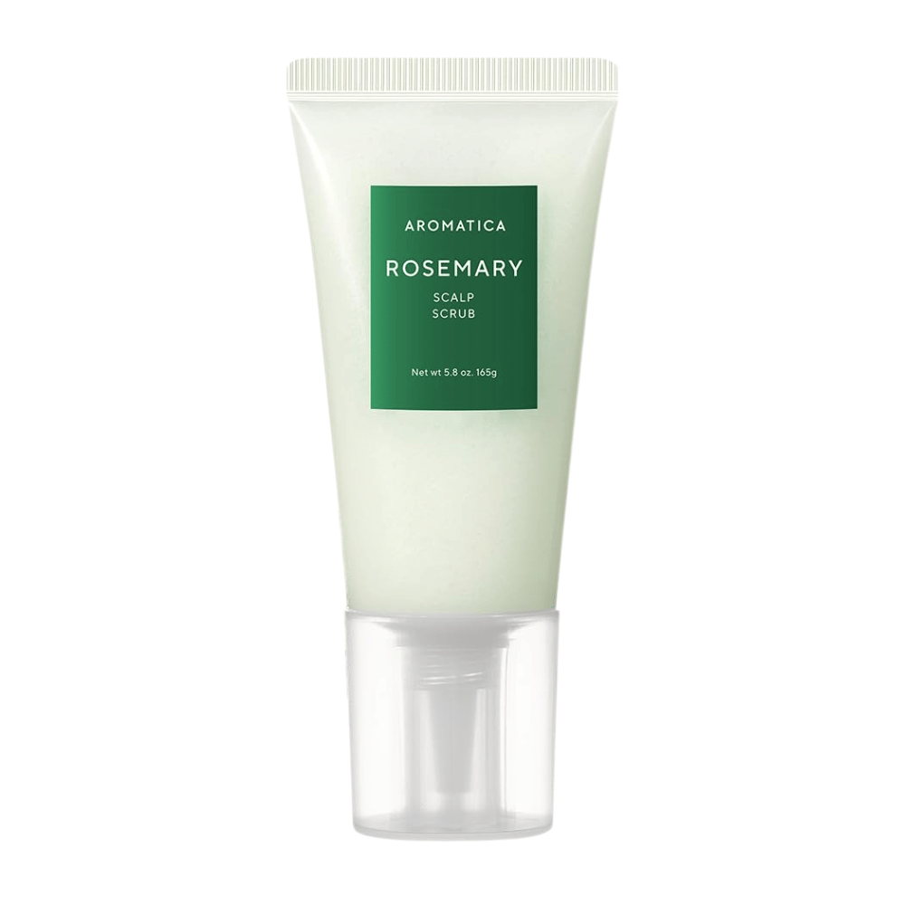 4. AROMATICA Rosemary Scalp Scrub 165 g – scrub esfoliante per il cuoio capelluto al rosmarino in tubo verde chiaro su sfondo bianco