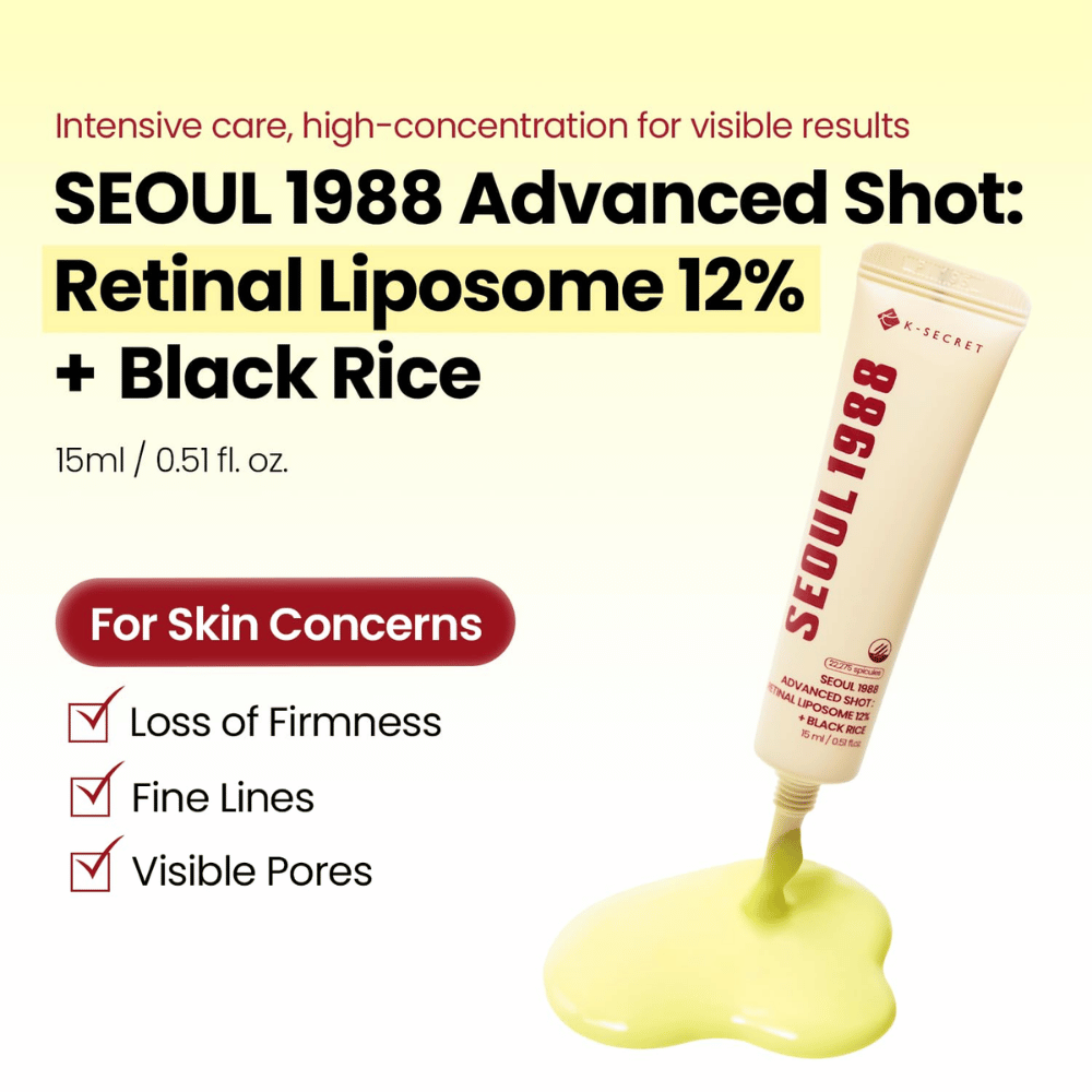 K-SECRET SEOUL 1988 Advanced Shot Retinal Liposome 12% + Black Rice 15 ml – trattamento intensivo al retinal per linee sottili, pori visibili e perdita di tonicità.
