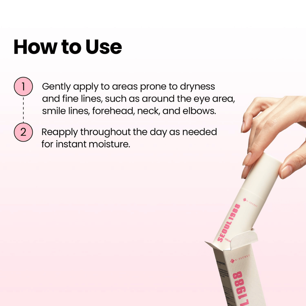 K-SECRET SEOUL 1988 Multi Balm Collagen Complex 7 + Plum – applicazione di balsamo idratante su zone secche e linee sottili.