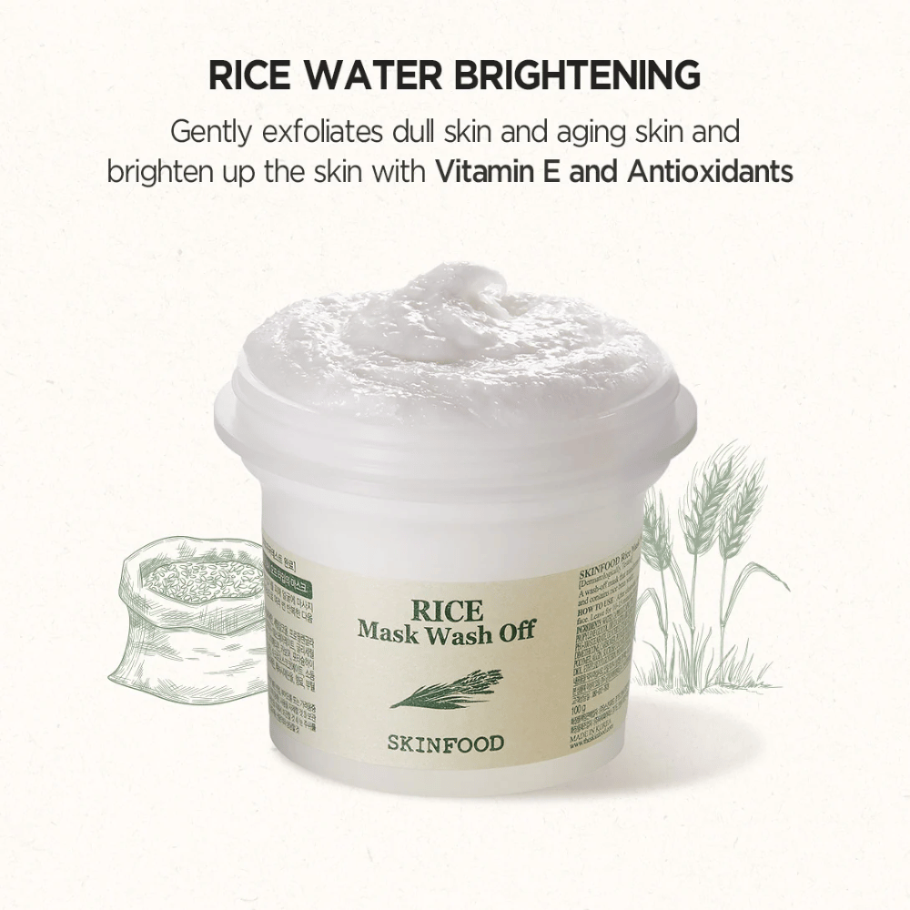 SKINFOOD's Rice Mask Wash Off 120g è raccomandata per schiarire e aiutare la pelle.