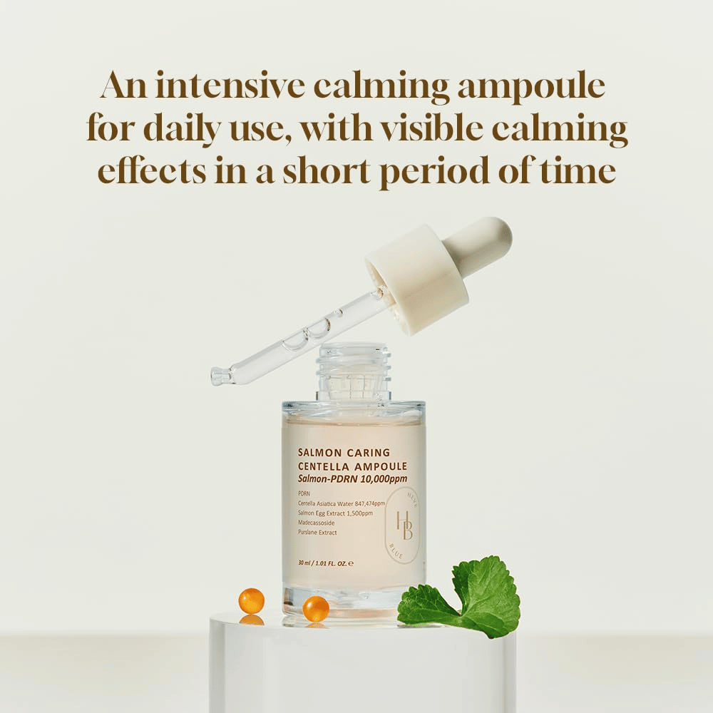 Heveblue Salmon Caring Centella Ampoule 30 ml con PDRN e centella asiatica – ampolla intensamente calmante per uso quotidiano e miglioramento visibile della pelle