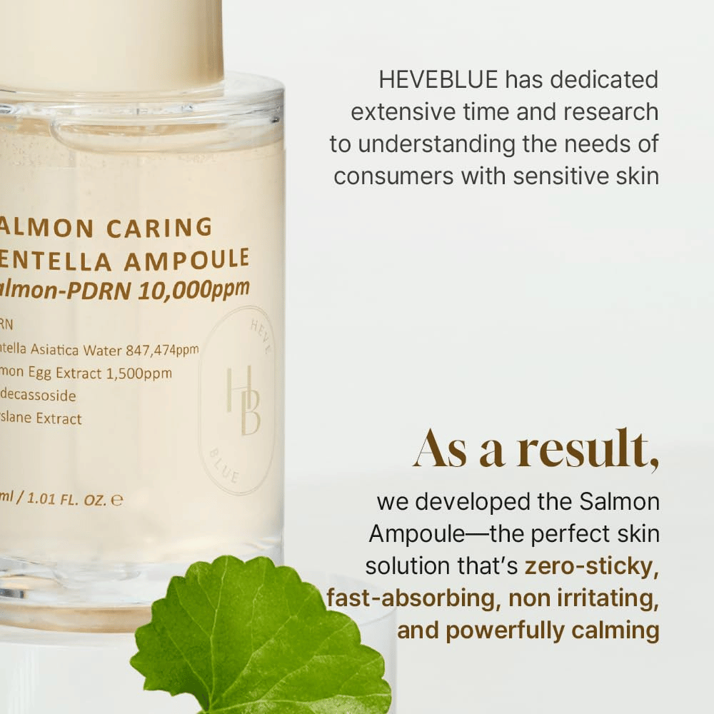 Heveblue Salmon Caring Centella Ampoule – siero a rapido assorbimento con PDRN e centella per pelle sensibile, calma l'irritazione e ripristina la barriera cutanea