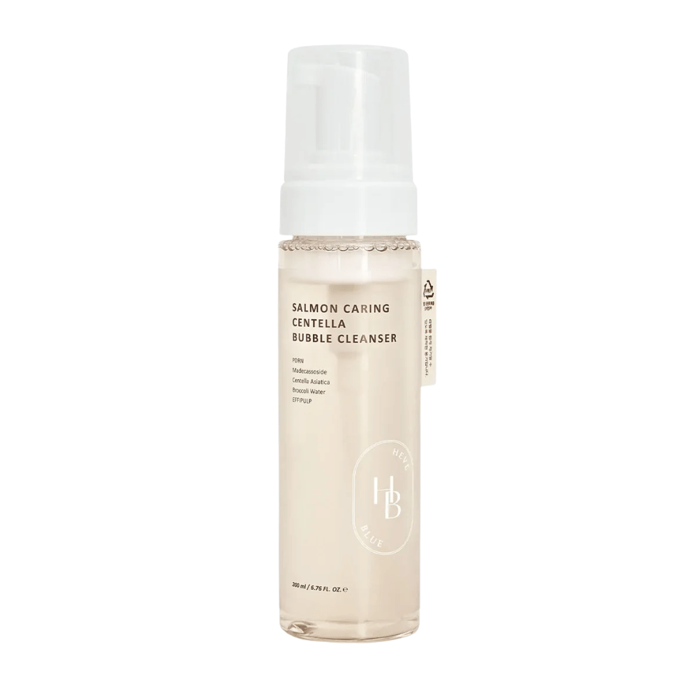 Heveblue Salmon Caring Centella Bubble Cleanser detergente viso – schiuma detergente coreana con Centella Asiatica e PDRN che aiuta a pulire i pori, calmare la pelle e idratare.