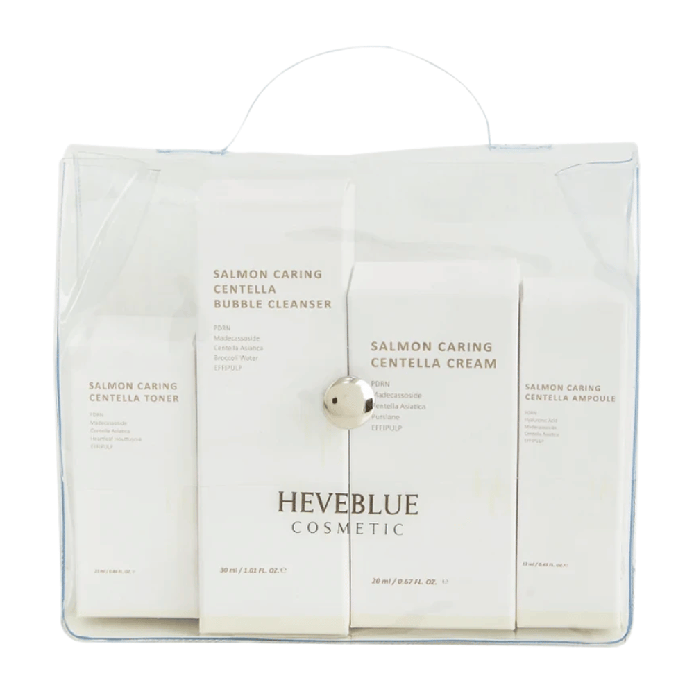 Heveblue Salmon Caring Centella Special Travel Kit set di cura della pelle – routine di cura della pelle coreana con tonico viso, detergente a bolle, crema e ampolla con Centella Asiatica e PDRN.
