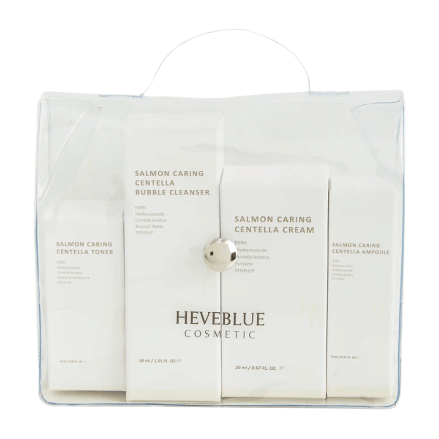 Heveblue Salmon Caring Centella Special Travel Kit set di cura della pelle – routine di cura della pelle coreana con tonico viso, detergente a bolle, crema e ampolla con Centella Asiatica e PDRN.