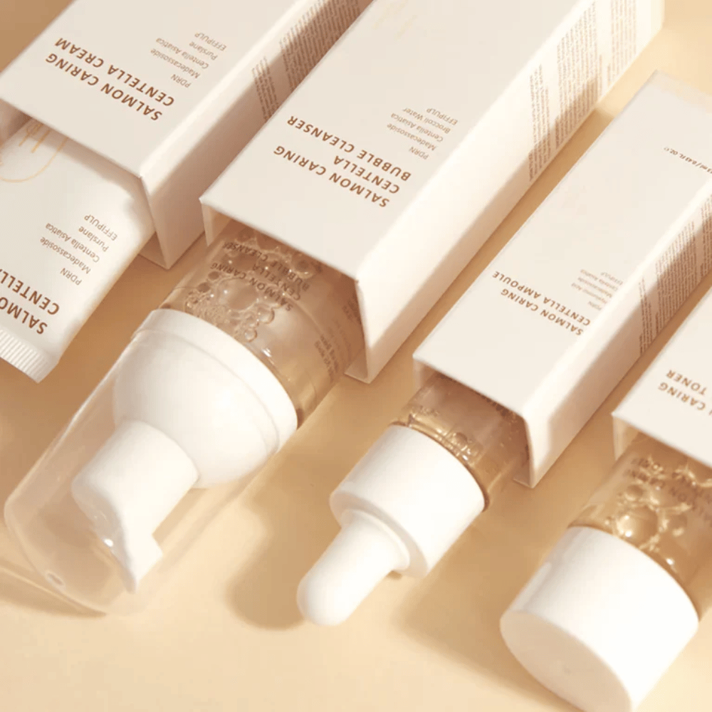 Heveblue Salmon Caring Centella Travel Kit set di cura della pelle – prodotti di cura della pelle coreana con Centella Asiatica e PDRN che aiutano a idratare, calmare la pelle e rafforzare la barriera cutanea.